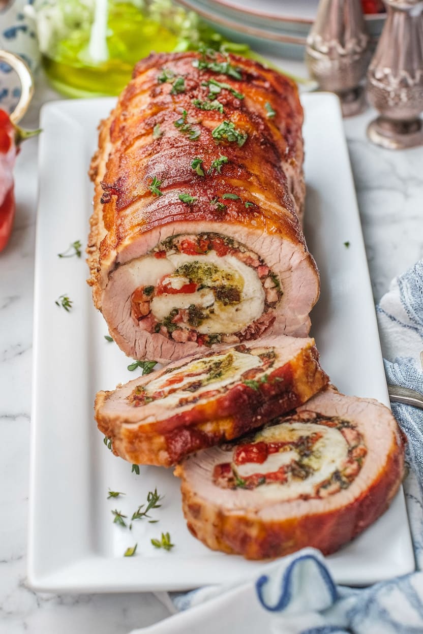 Stuffed Pork Tenderloin with Spinach, Mozzarella, Roasted Red Peppers, and Pesto