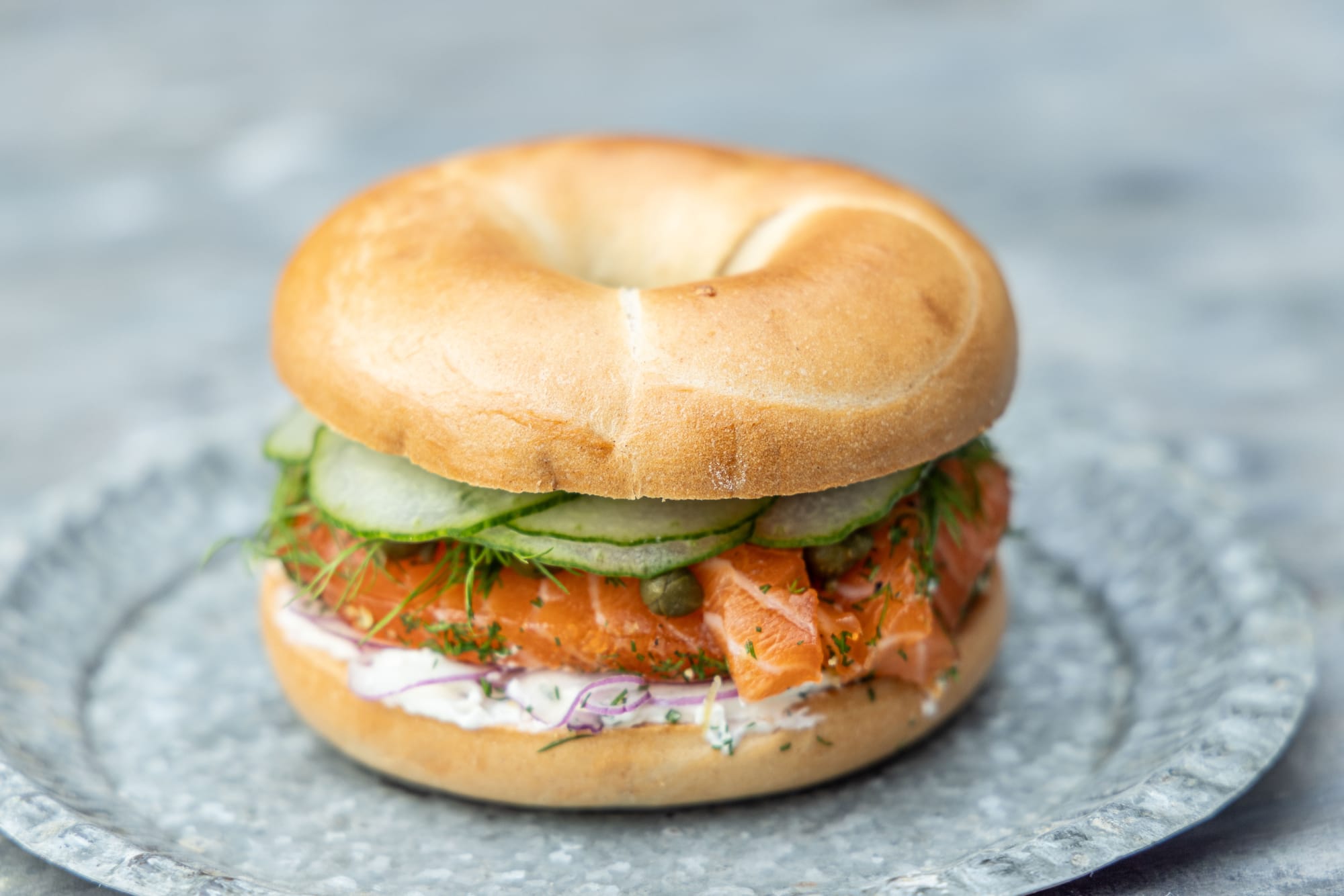 Smoked Salmon Bagel with Cream Cheese and Cucumber