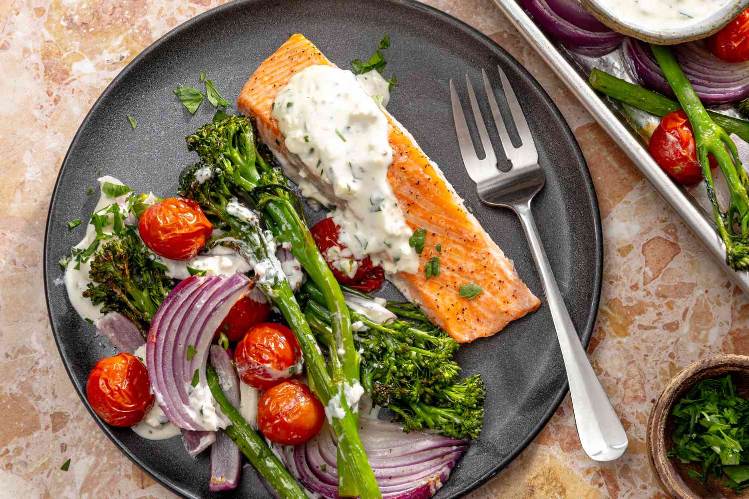 Sheet Pan Salmon with Roasted Tomatoes and Feta Recipe