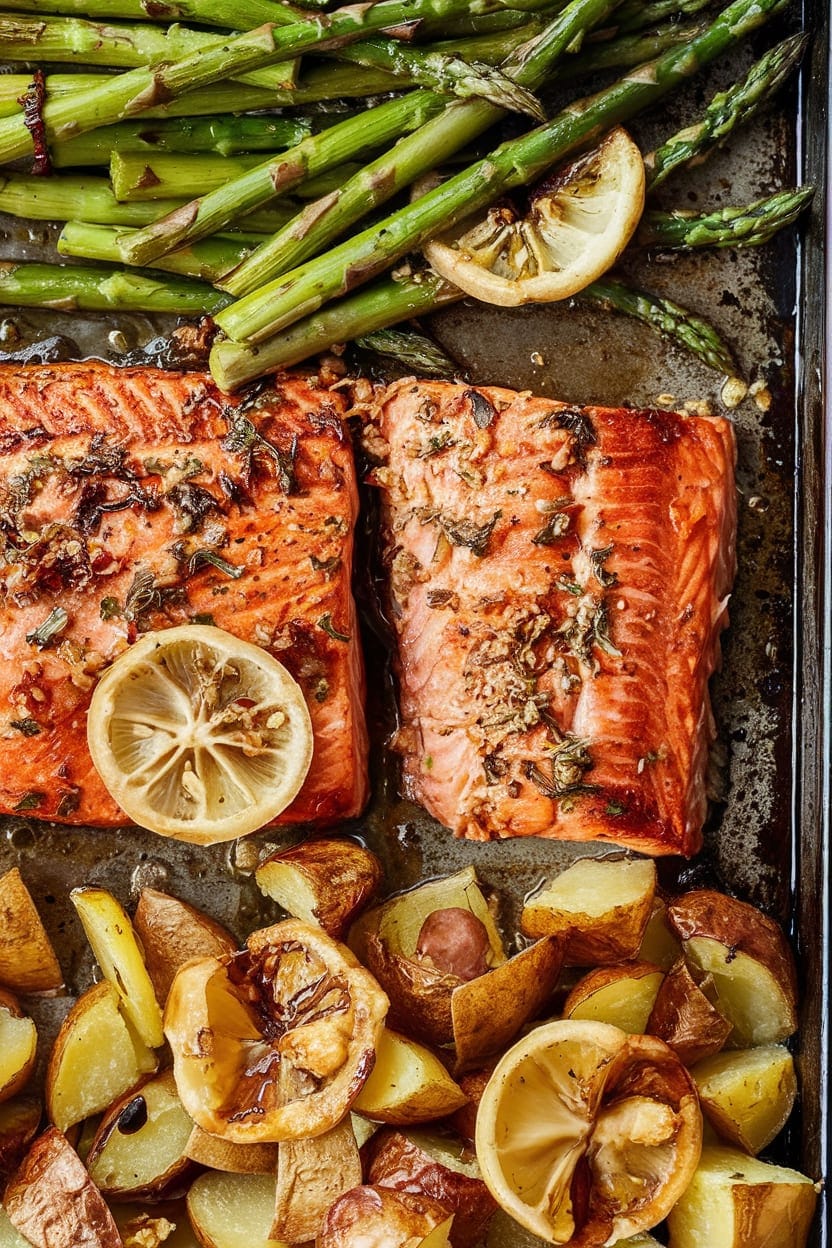 Garlic Butter-Roasted Salmon with Potatoes & Asparagus