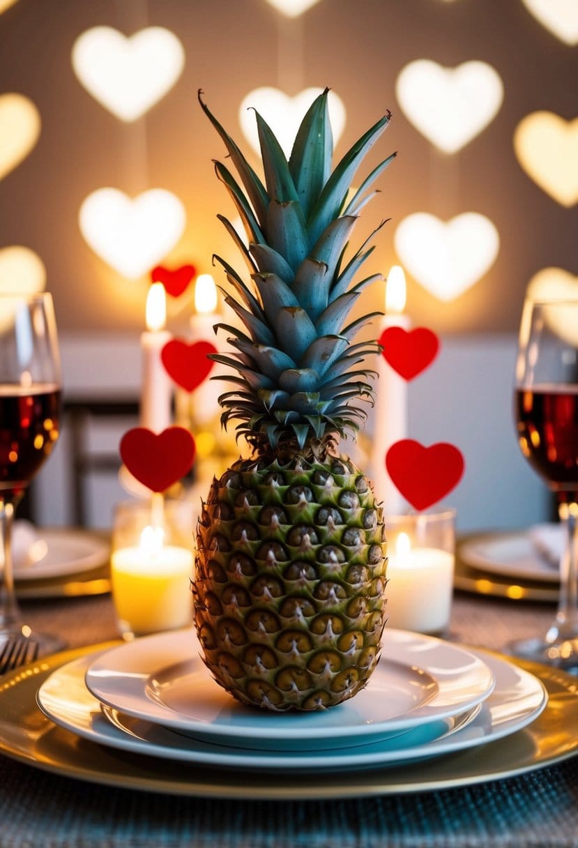 A pineapple surrounded by heart-shaped symbols, with a romantic candlelit dinner setting in the background