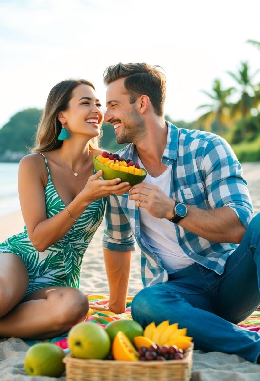 A couple sharing a tropical fruit picnic on a sunny beach, smiling and laughing together
