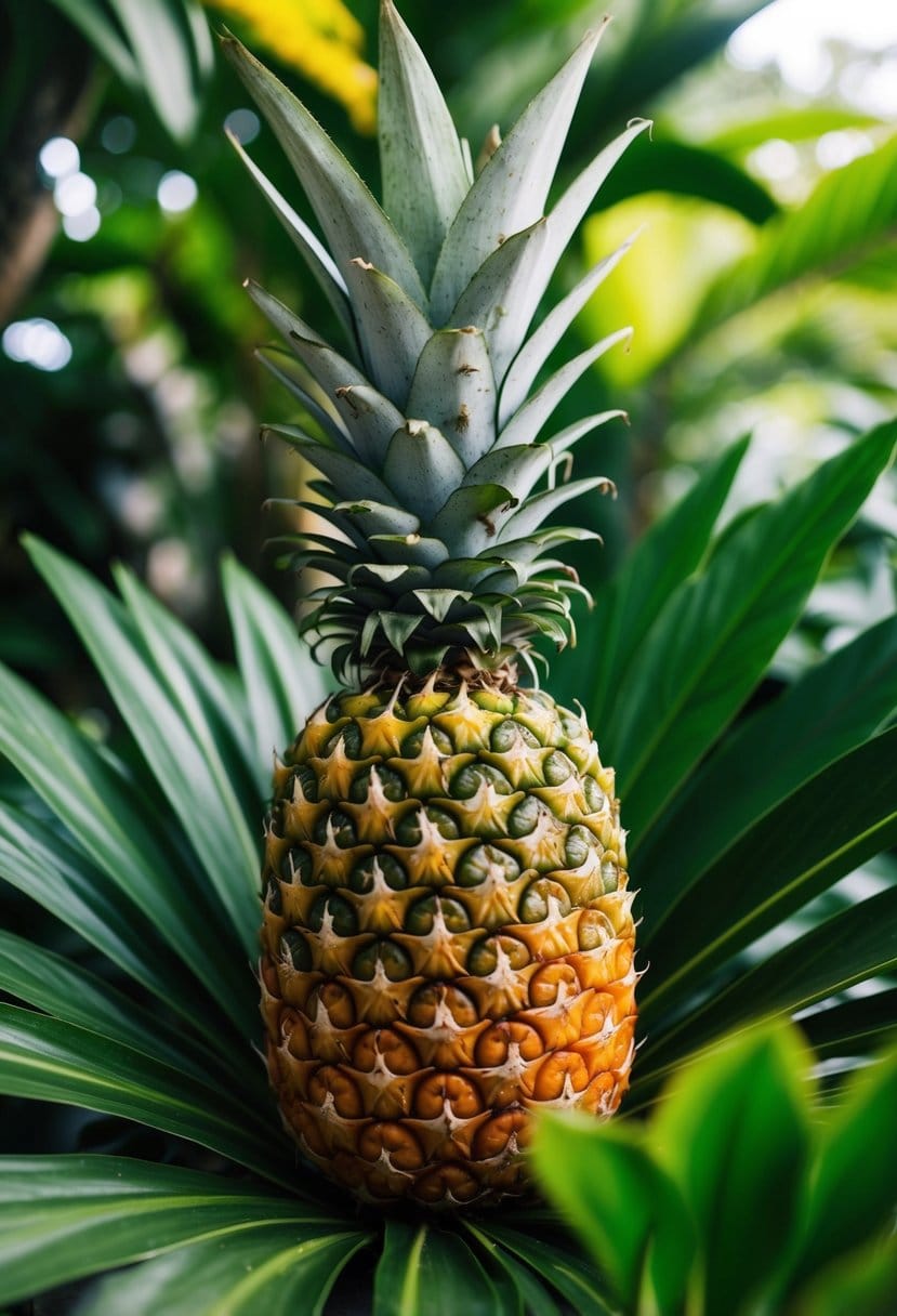 A ripe pineapple surrounded by lush tropical foliage, with a sense of allure and seduction in the air