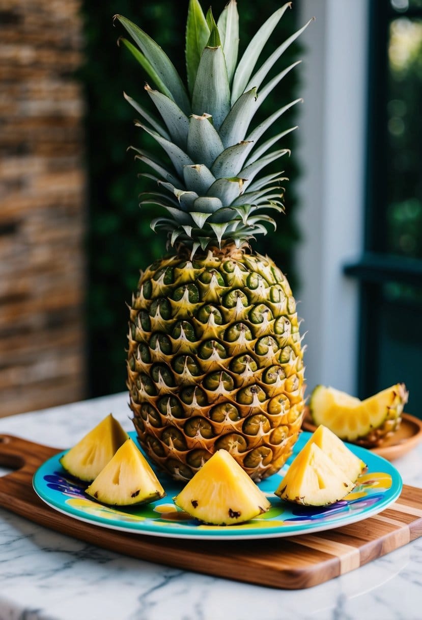 A ripe pineapple sitting on a wooden cutting board, surrounded by vibrant green leaves and a few cut wedges displayed on a colorful plate