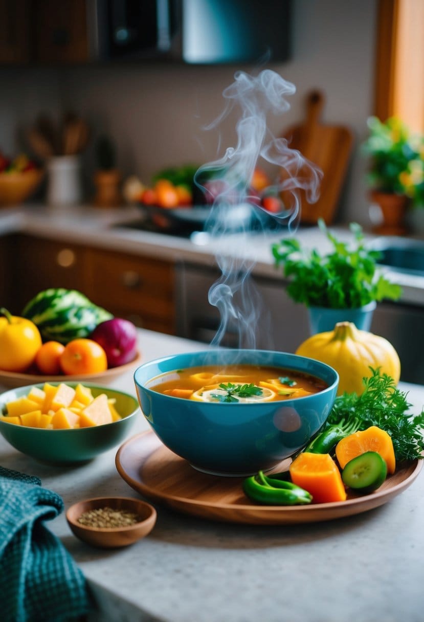 A cozy kitchen with a steaming bowl of soup, a soothing cup of herbal tea, and a colorful array of fruits and vegetables