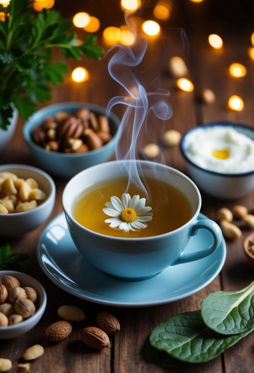 A steaming cup of chamomile tea surrounded by various comforting foods like yogurt, nuts, and leafy greens, all bathed in warm, soothing light