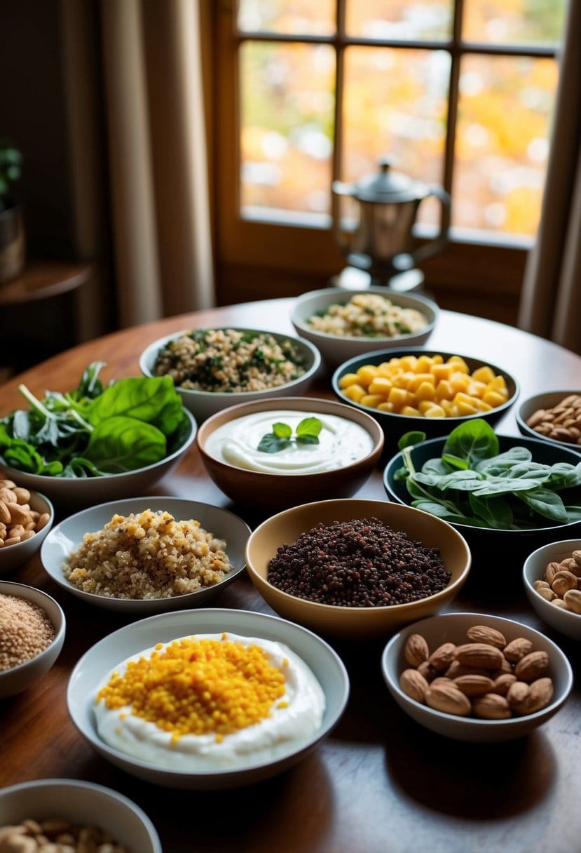 A table with a variety of comforting foods: quinoa, yogurt, leafy greens, nuts, and other options arranged in a warm, inviting setting