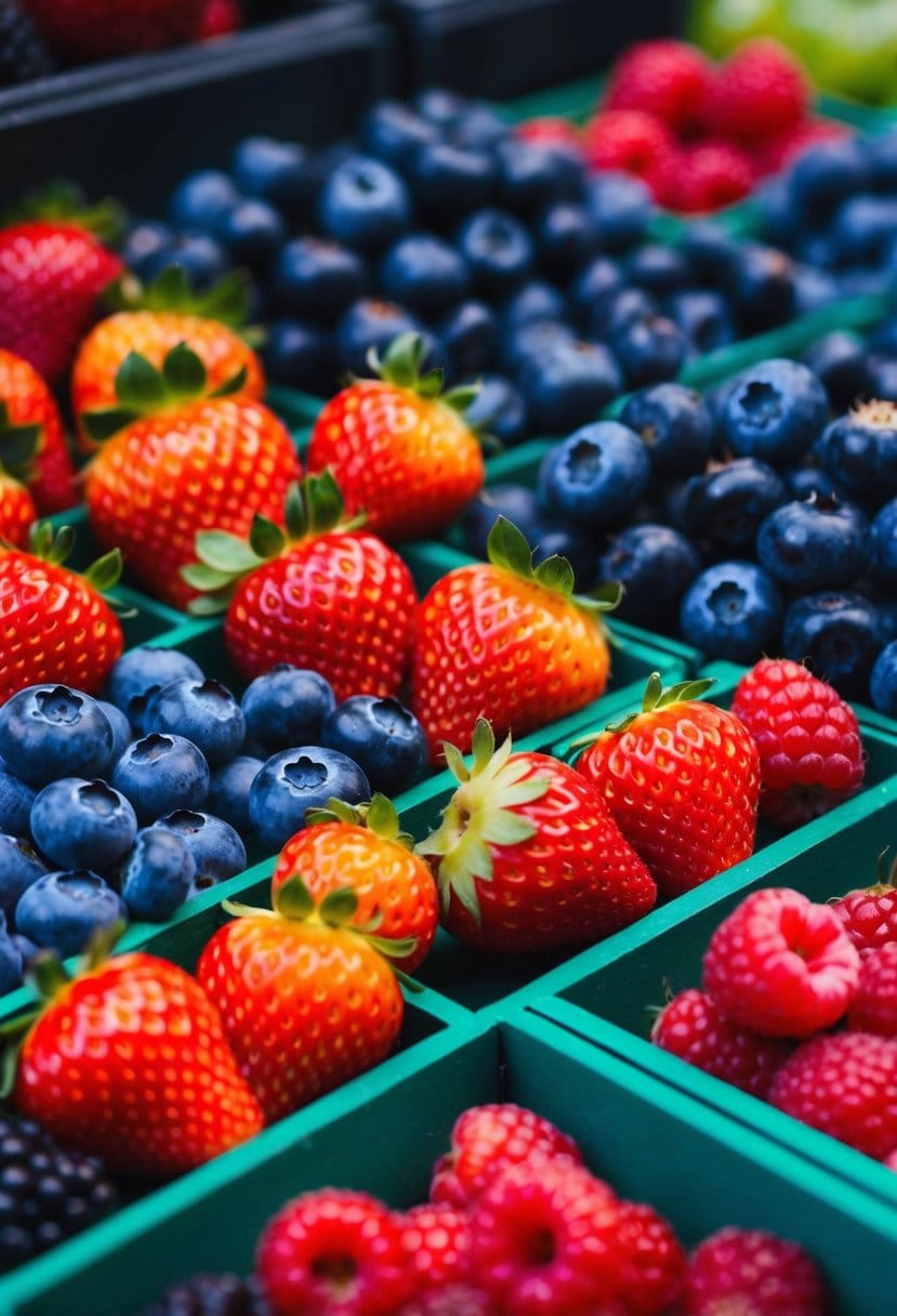 A variety of berries, including strawberries, blueberries, and raspberries, arranged in a colorful and appetizing display