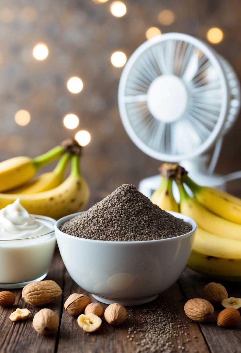 A bowl of chia seeds surrounded by comforting foods like yogurt, bananas, and nuts, with a fan blowing in the background to symbolize relief from hot flashes