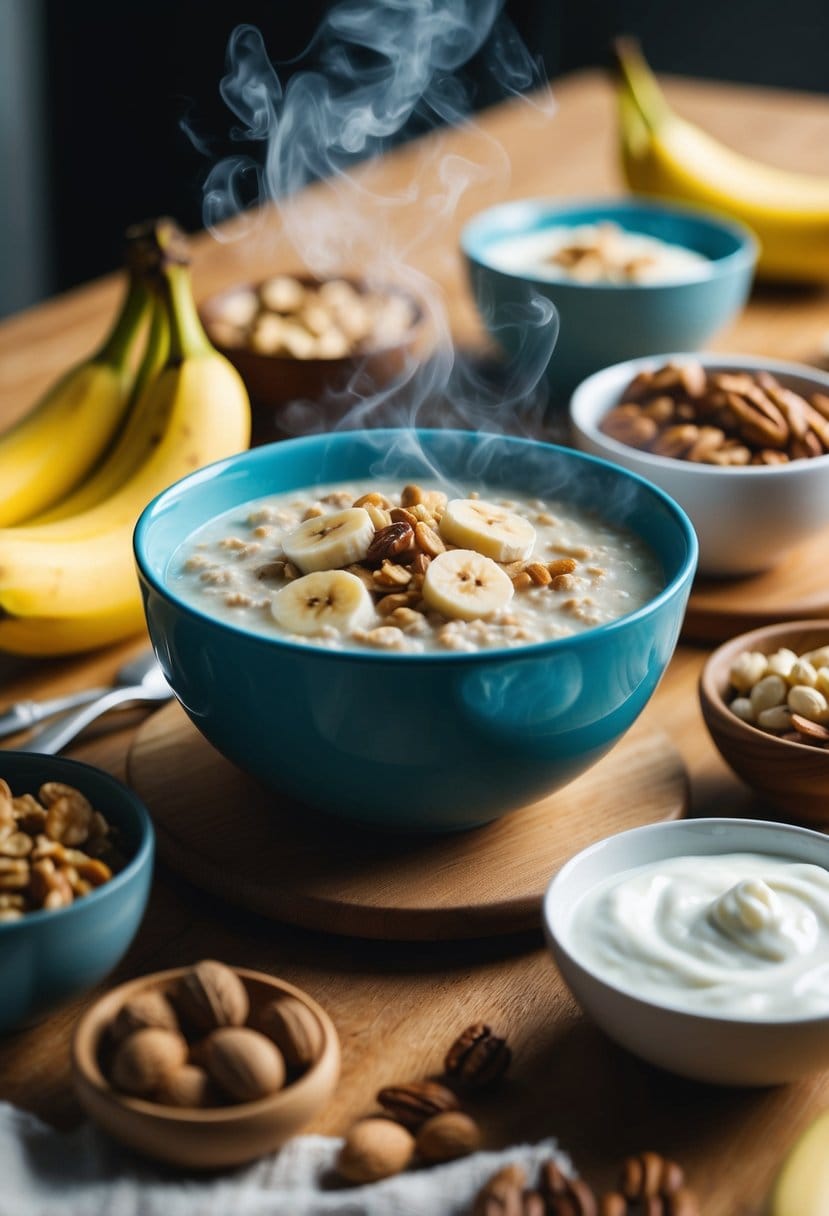 A steaming bowl of oatmeal surrounded by various comforting foods, such as bananas, yogurt, and nuts, on a cozy kitchen table