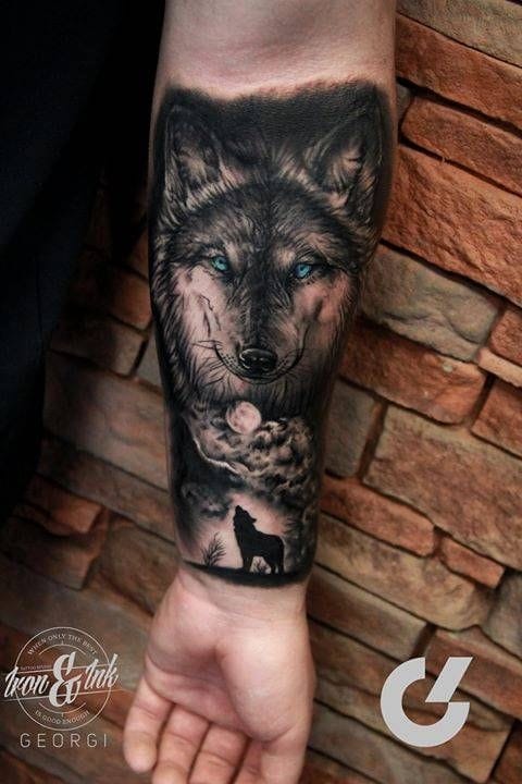 men's inner wolf tattoo