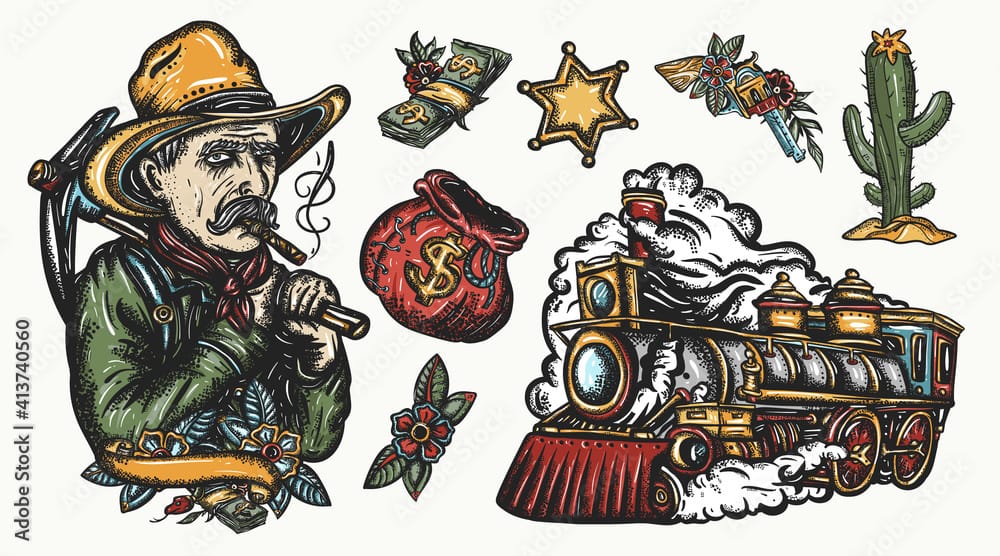 wild west with train-themed cowboy hat tattoos in steampunk style