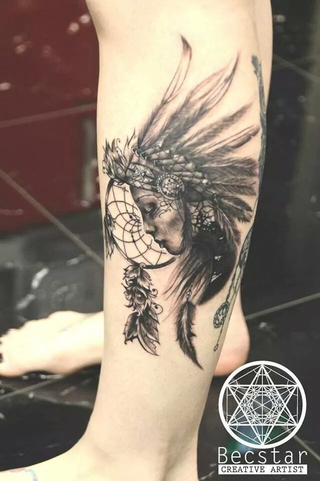 an Indian tattoo design with a dreamcatcher
