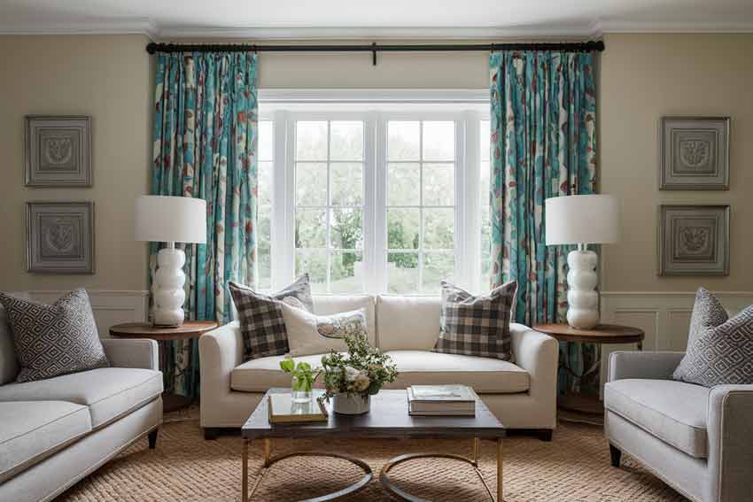 a stunning living room with decorative curtain rod
