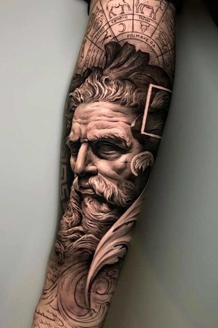 zeus in shadows arm tattoo
