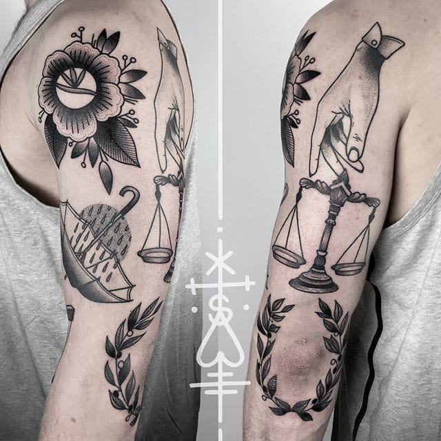 dotwork patchwork sleeve tattoo