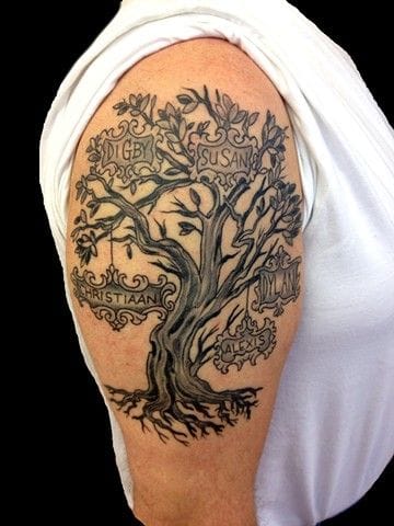 an upper arm tattoo with a tree