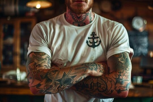 a muscular man's upper arm with sailor tattoo
