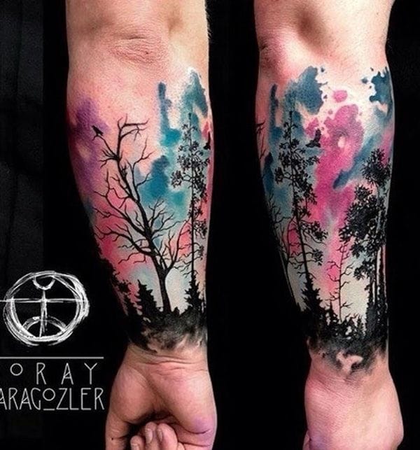watercolor forest tattoo