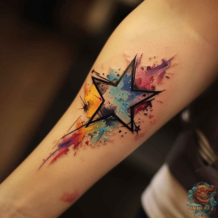 a vibrant shooting star tattoo watercolor design