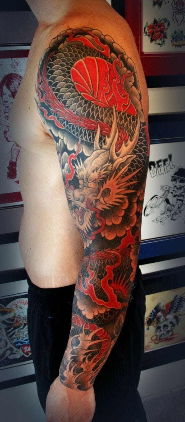 upper arm with dragon tattoo in japanese irezumi style