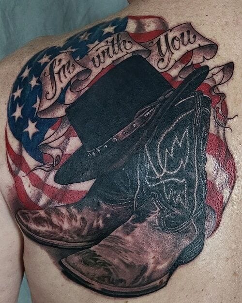 wild west with american flag cowboy hat tattoos in patriotic colors