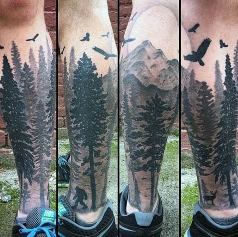 nature forest leg sleeve tattoo