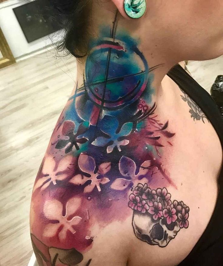 watercolor neck tattoo
