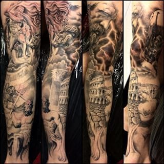 ancient ruins leg sleeve tattoo