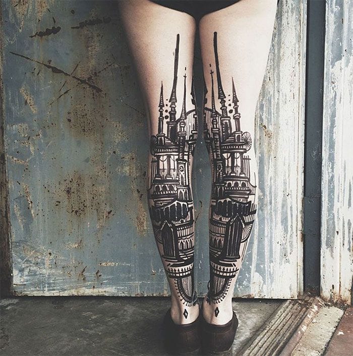 gothic architecture leg sleeve tattoo