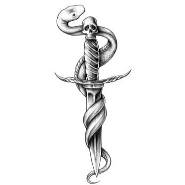 a rib tattoo with snake coiled around dagger
