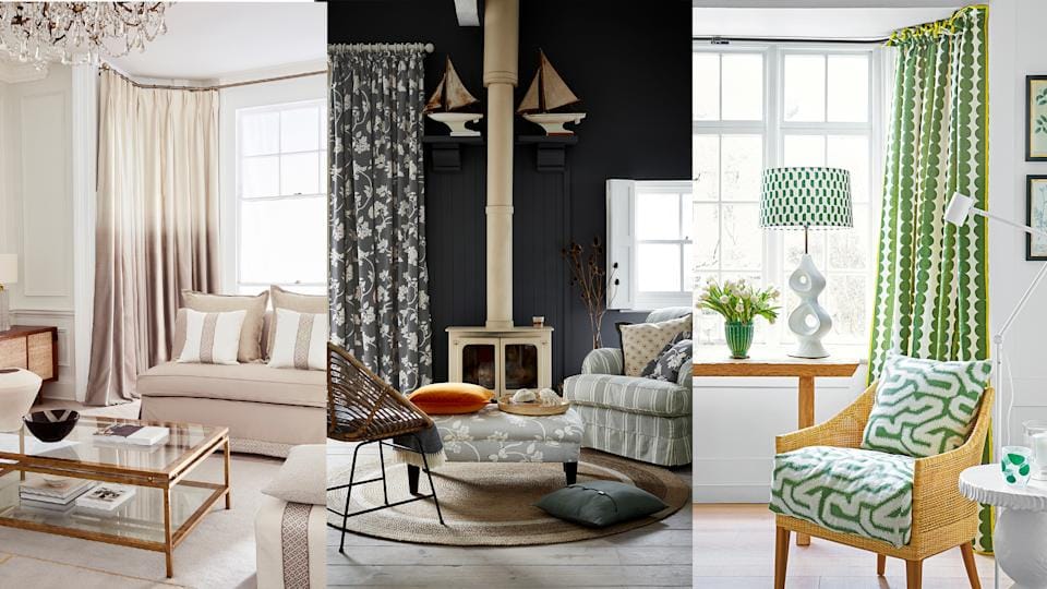 a stunning living room with fabric curtains