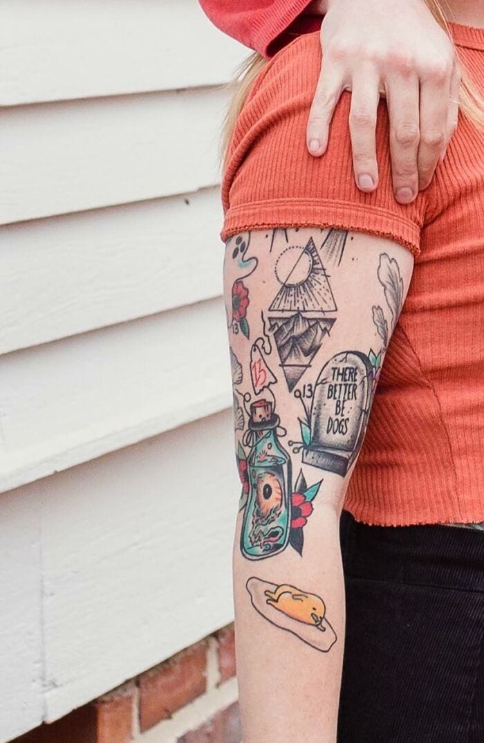 food patchwork sleeve tattoo