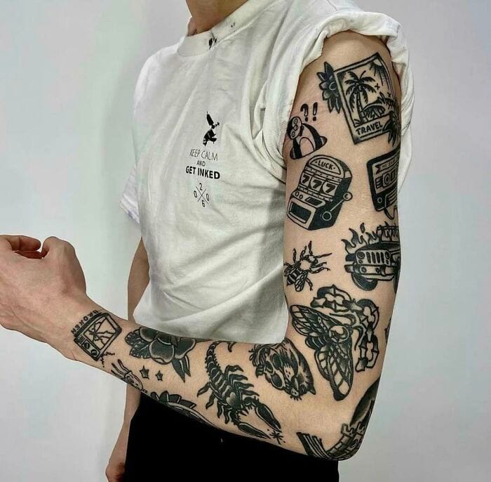 minimalist patchwork sleeve tattoo