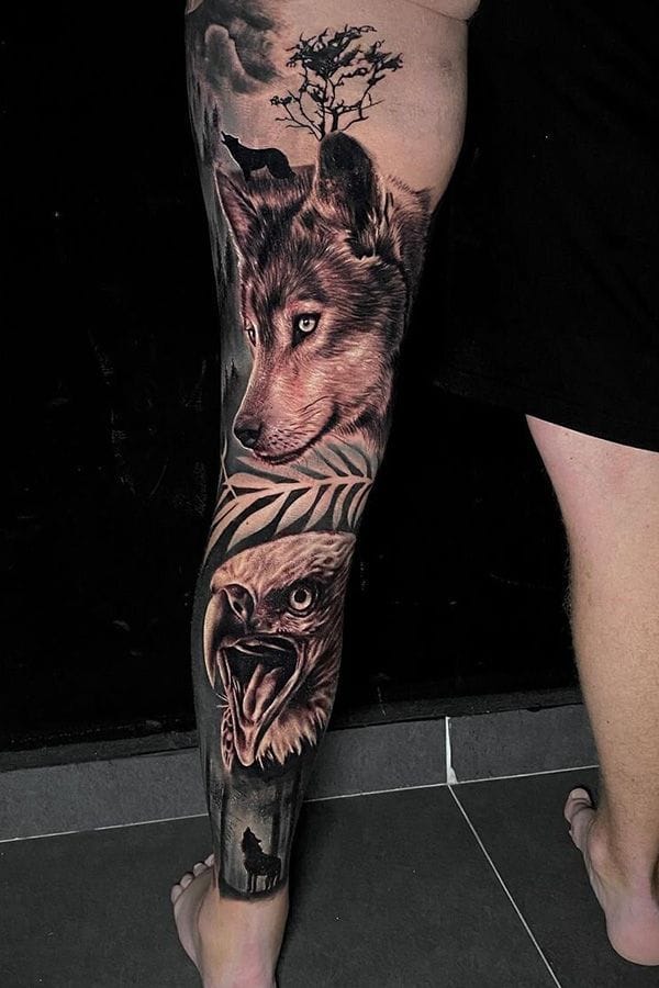 wolf pack leg sleeve tattoo