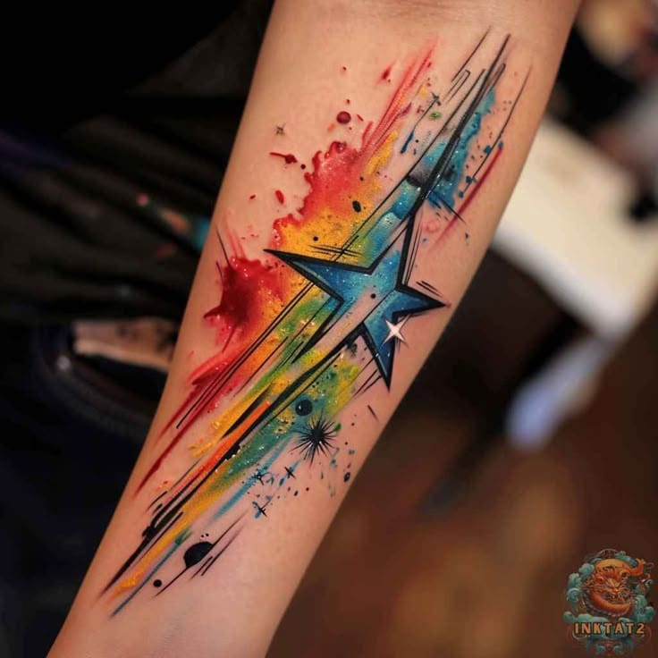 a shooting star tattoo with neon color