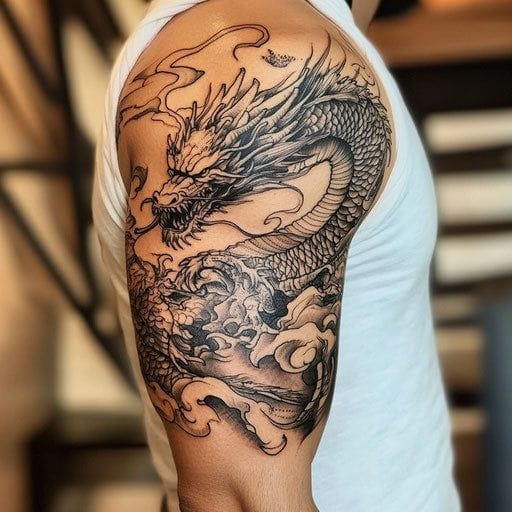 a muscular upper arm with dragon tattoo