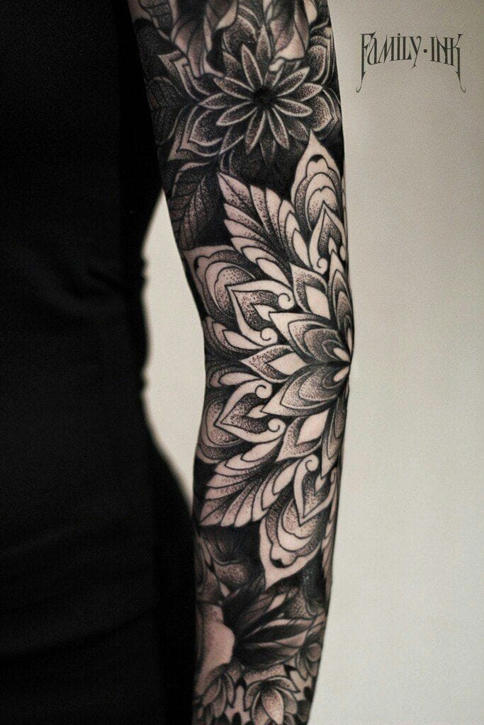 blackwork floral mandala tattoo