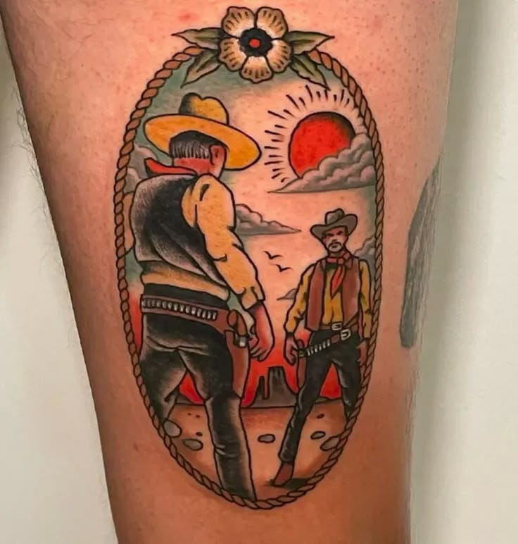 wild west with burning brand cowboy hat tattoos in fiery colors