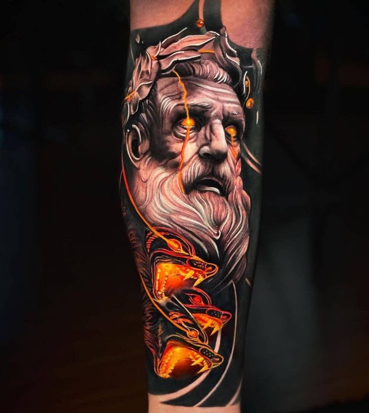 ethereal zeus sleeve tattoo