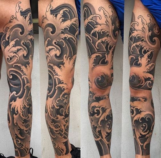 japanese wave leg sleeve tattoo