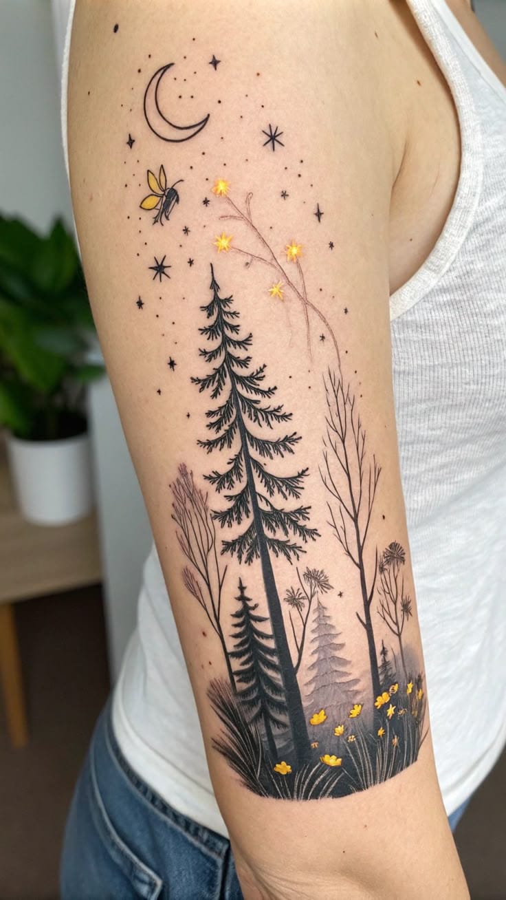 a beautiful firefly tattoo with forest setting