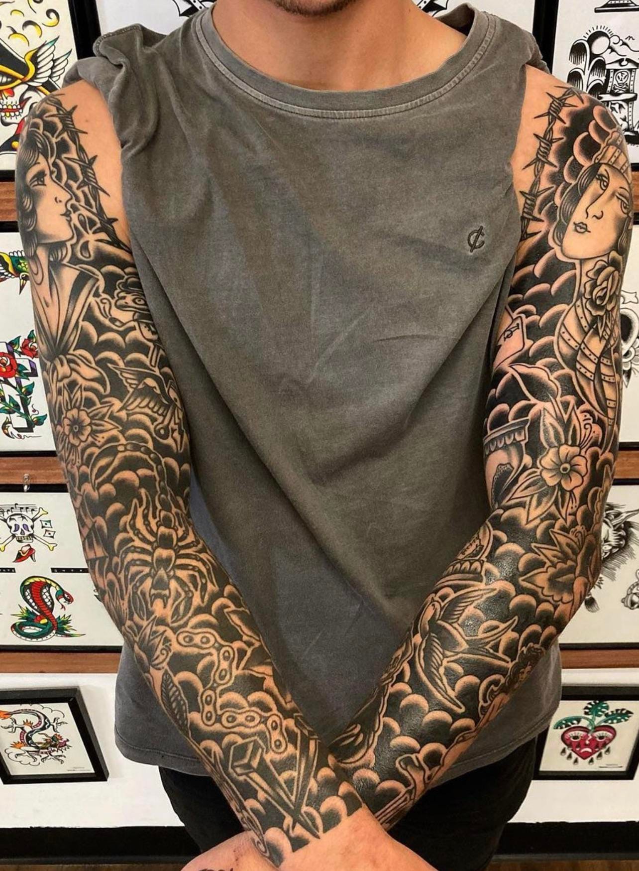 traditional cloud sleeve tattoo