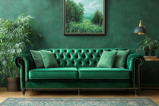 living room with art deco green velvet sofa with geometric stitching and chrome accents