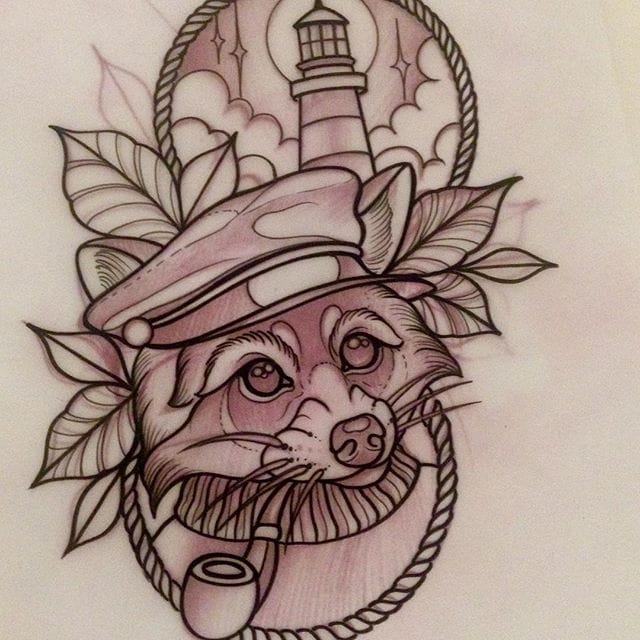 compass raccoon tattoo