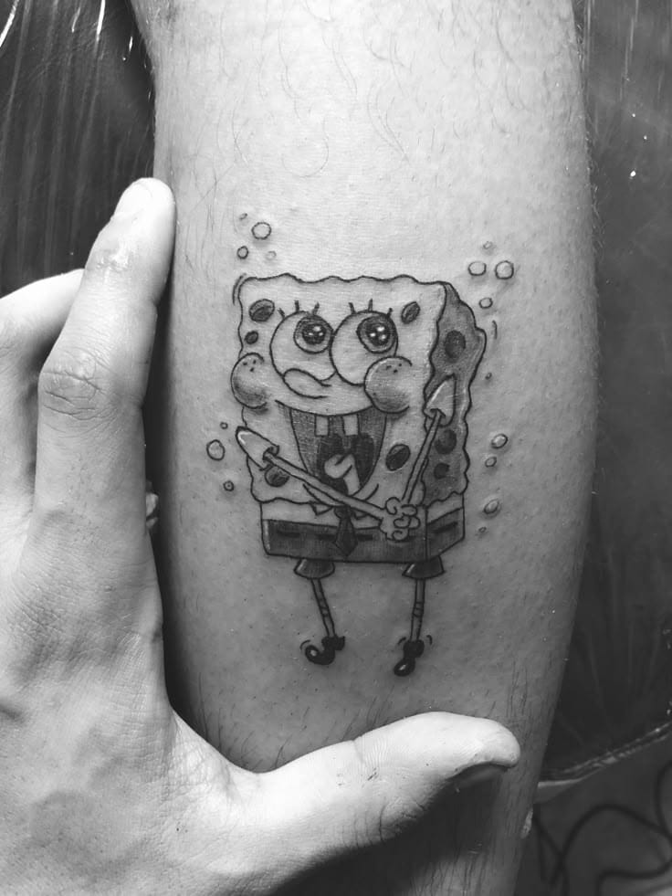 blackwork spongebob tattoo