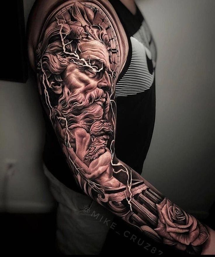 full-sleeve men’s zeus tattoo