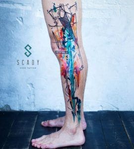watercolor art leg sleeve tattoo