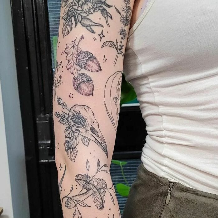 nature patchwork sleeve tattoo