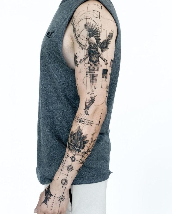 geometric patchwork sleeve tattoo